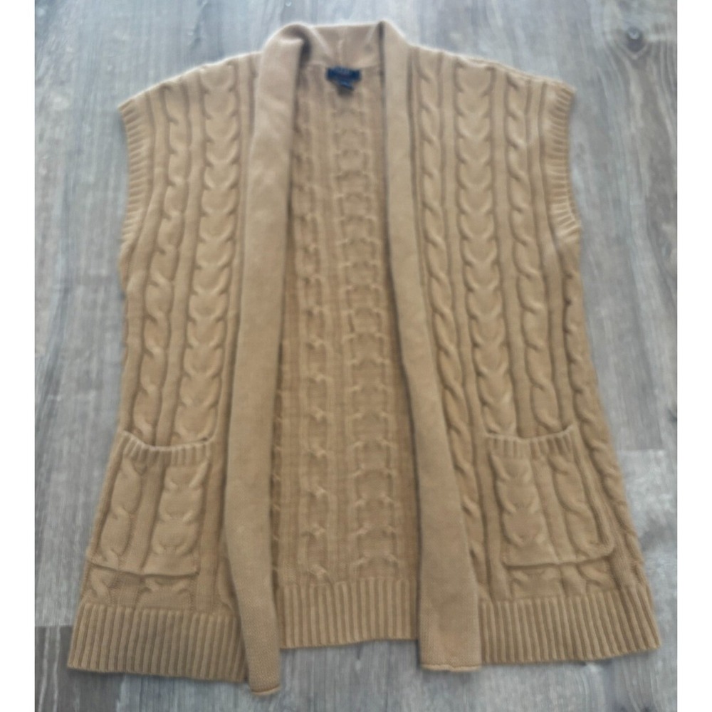 Chaps Womens XL Camel Tan Cable Knit Open Front Sweater Vest Cardigan Pocket